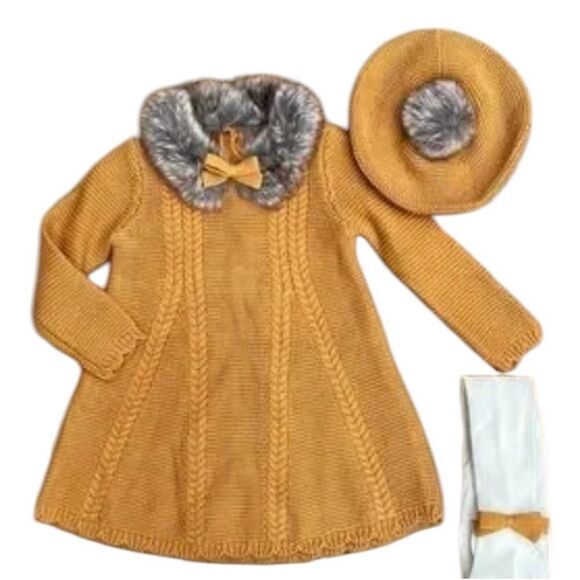 NWT TAHARI Baby, Chic, Mustard Color, Knitted Dress Faux Fur Collar